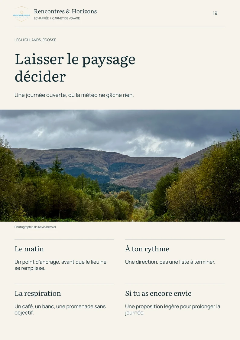Page 19 du modèle Échappée : une journée dans les Highlands, du matin aux envies de fin de journée.
