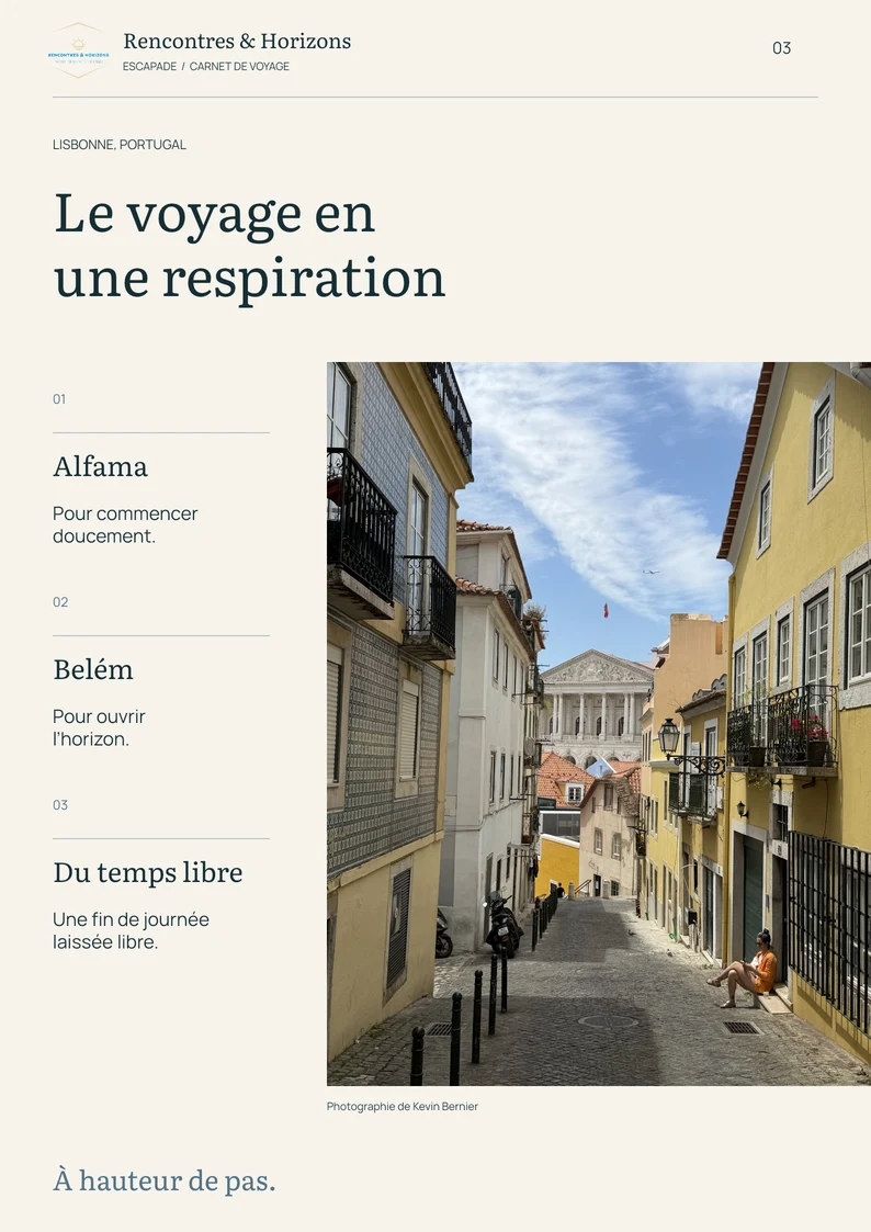 Page 3 du modèle Escapade : vue d’ensemble du voyage à Lisbonne.
