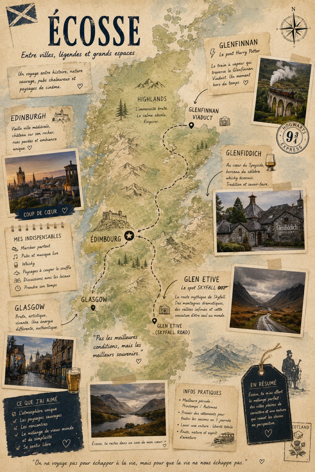 Carte sensible d’un voyage en Écosse entre Édimbourg, Glasgow, Highlands et Glenfinnan