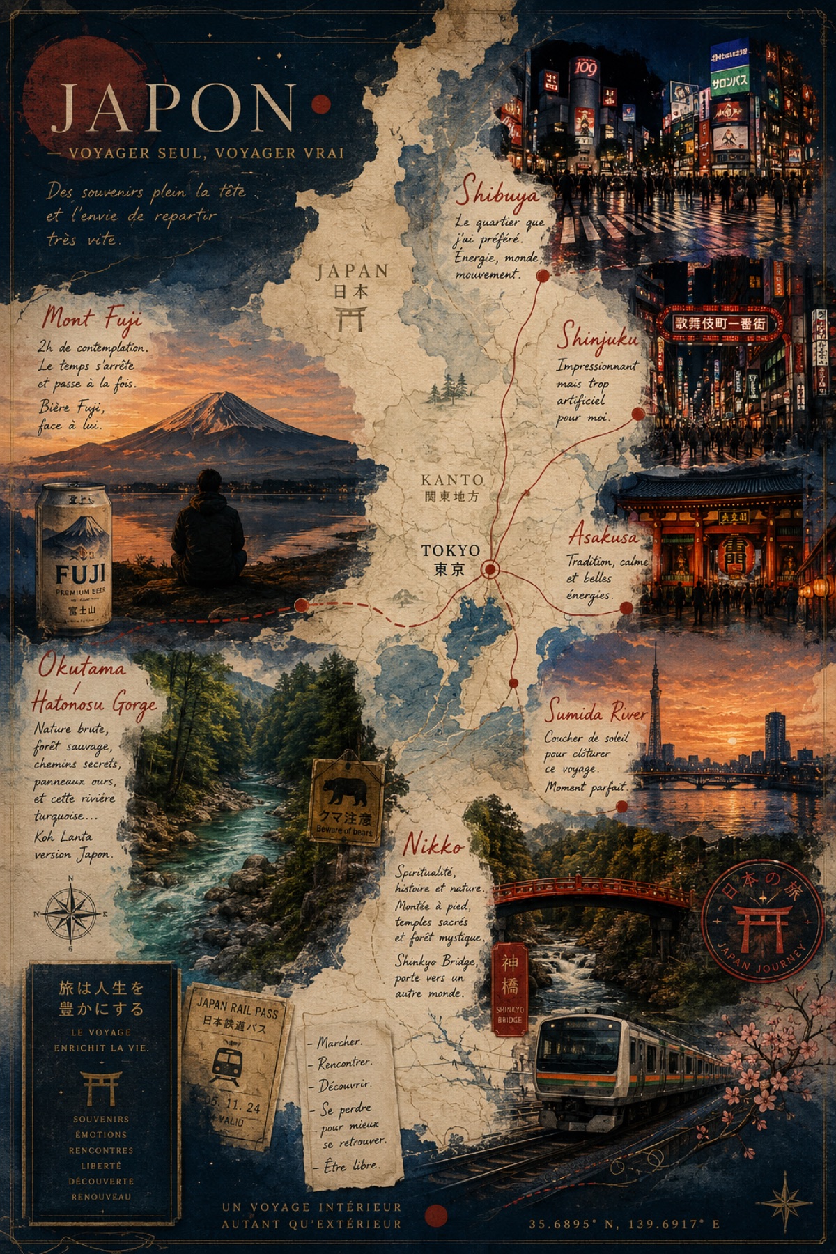 Carte sensible d’un voyage au Japon entre Tokyo, Mont Fuji, Nikko et Sumida River